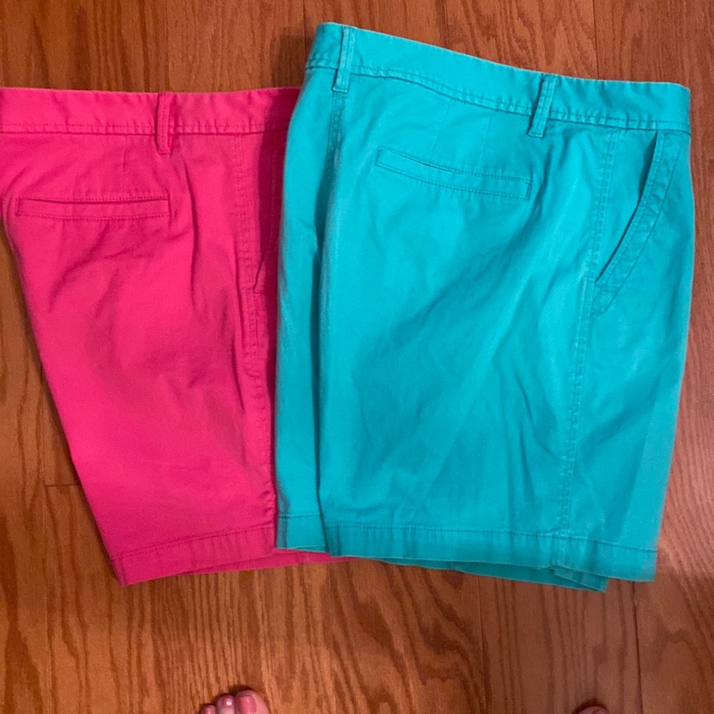 Two pair of Talbots size 12 Girlfriend Chino Shorts in pink and green.